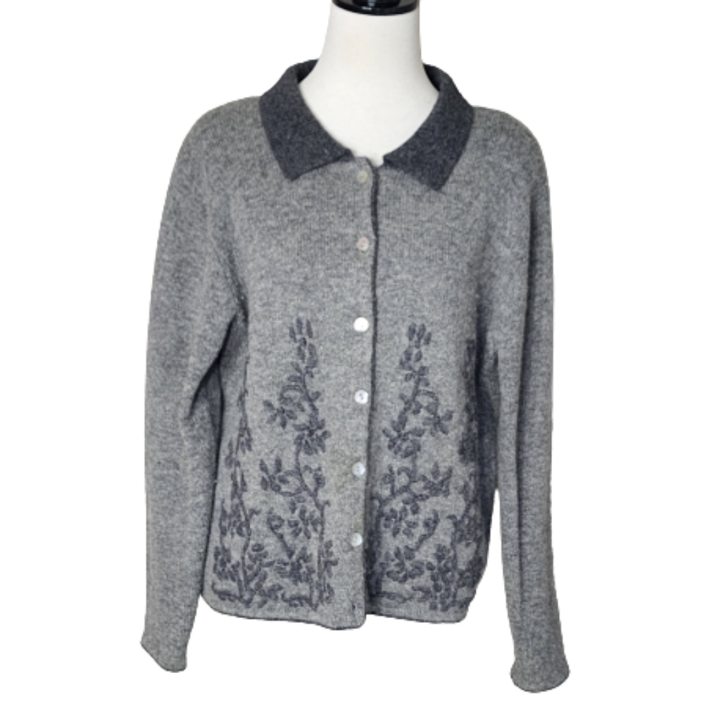 Karen Scott Gray wool button-up cardigan sweater Women's size large